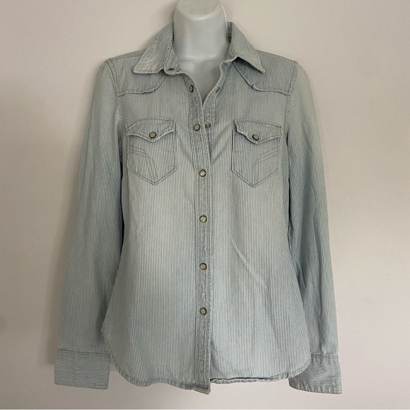 Gap Railroad Striped Long Sleeve Denim Shirt - Picture 1 of 5